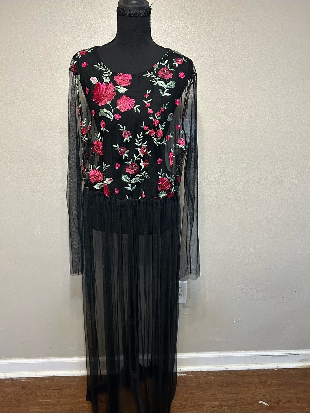 Forever 21 Plus 3X Black Floral Embroidered Sheer Mesh Maxi Dress Whimsigoth